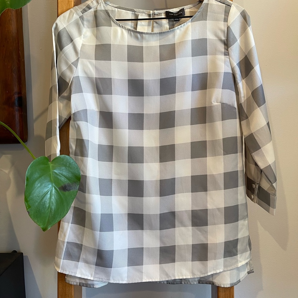 NWT The Limited SZ S White and Grey Check 3/4 Sleeve Blouse!